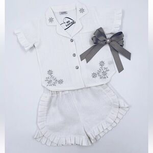 Girls White Linen Floral Embroidered Matching Set